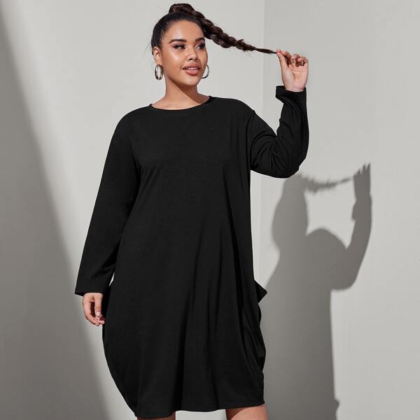 

Plus Draped Solid Tee Dress, Black