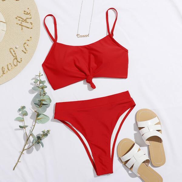 

Knot Hem High Waisted Bikini Swimsuit, Red