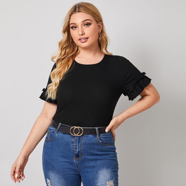 

Plus Ruffle Trim Rib-knit Top, Black
