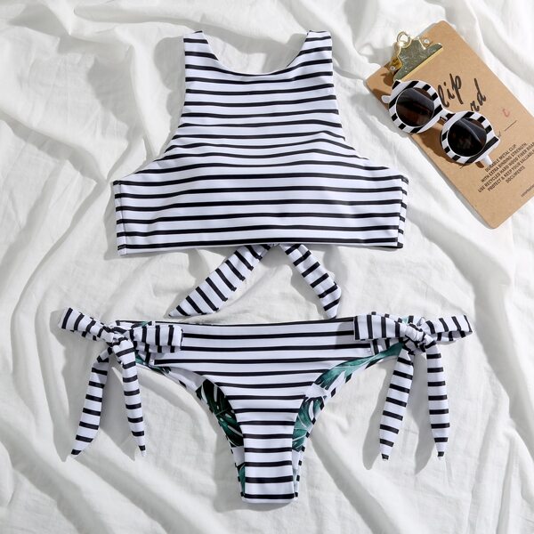 

Striped & Tropical Tie Side Bikini Swimsuit, Black and white