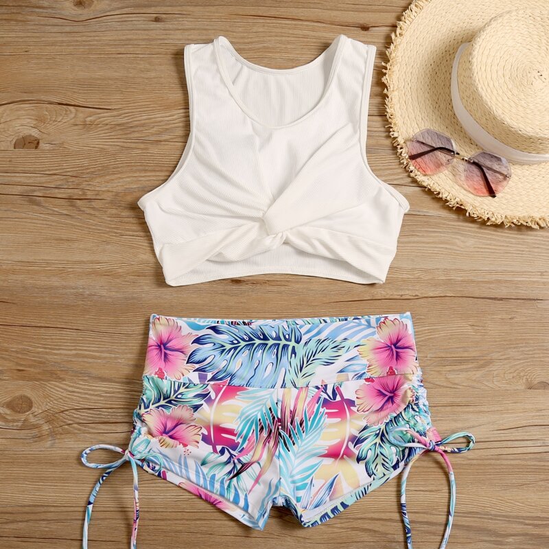 

Tropical Rib Twist Drawstring Bikini Swimsuit, Multicolor