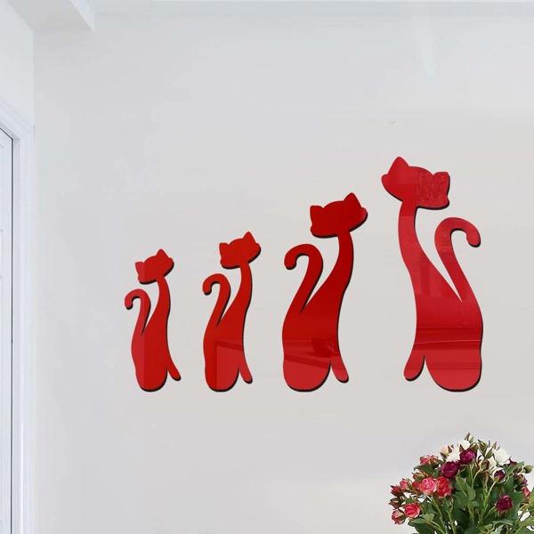 

4pcs Cat Shaped Mirror Surface Wall Sticker, Red
