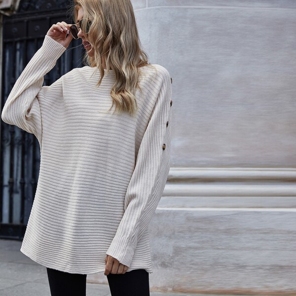 

Button Side Batwing Sleeve Sweater, Apricot