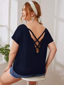 SHEIN Top de espalda con tira de manga murciélago - Azul Marino - Ver 1