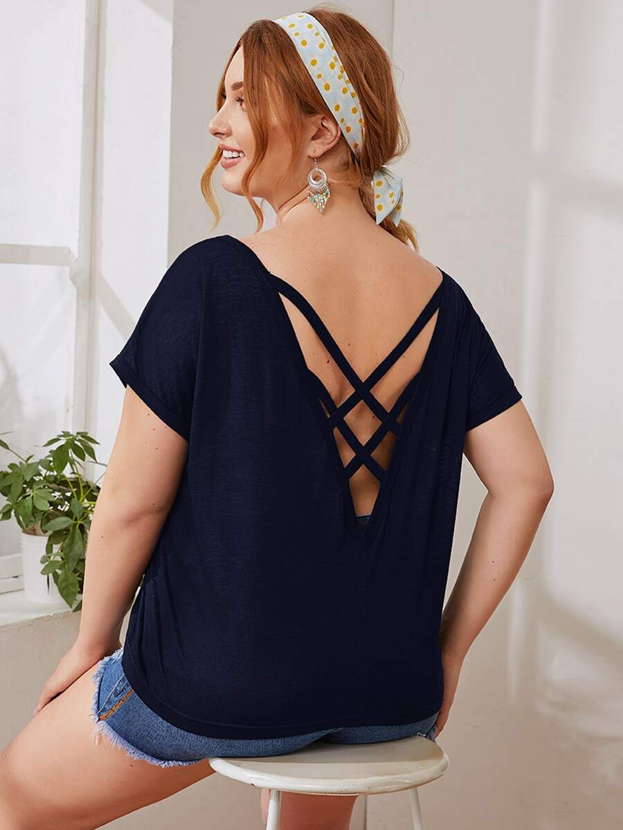 SHEIN Top de espalda con tira de manga murciélago - Azul Marino - Ver 1