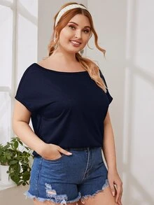SHEIN Top de espalda con tira de manga murciélago - Azul Marino - Ver 2