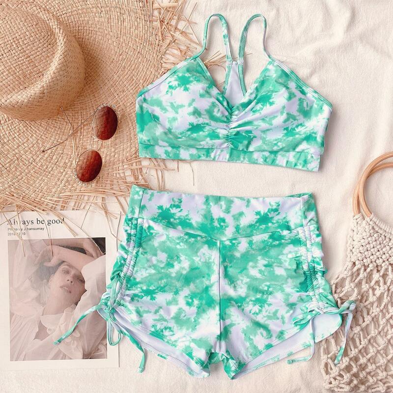 

Tie Dye Ruched Drawstring Bikini Swimsuit, Mint green