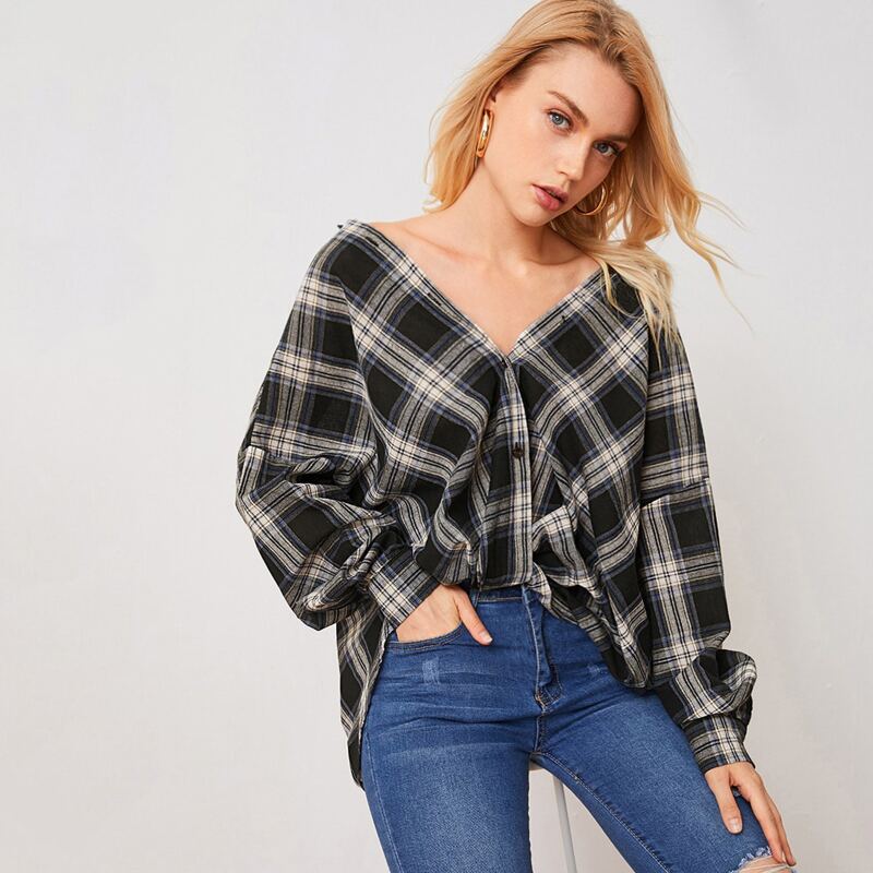 

Collared Drop Shoulder Buttoned Front Plaid Blouse, Multicolor