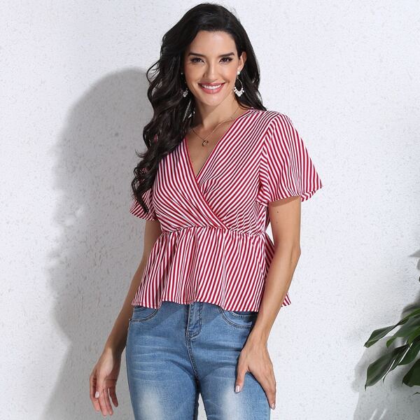 

Surplice Neck Striped Peplum Blouse, Red and white