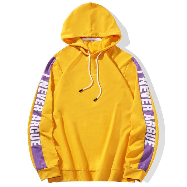 

Men Side Panel Slogan Graphic Drawstring Hoodie, Yellow