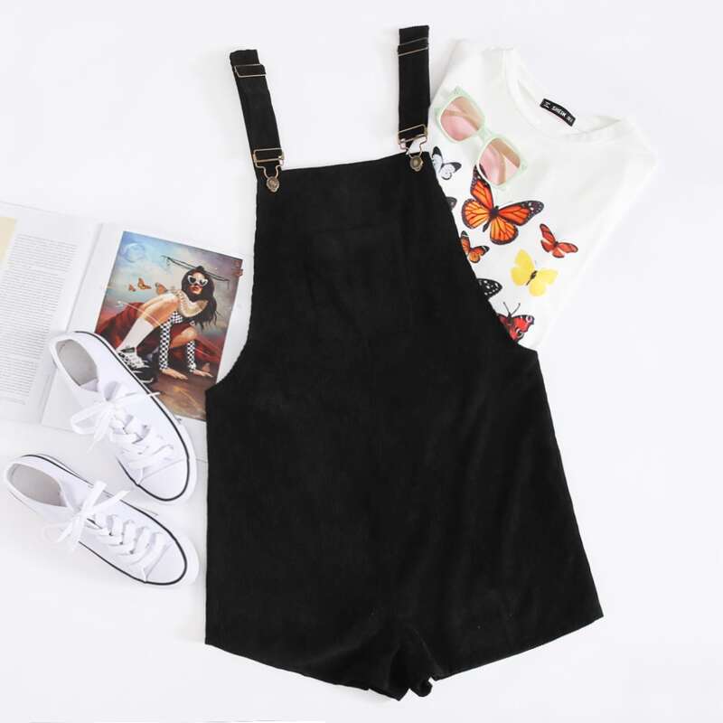 

Adjustable Strap Pocket Front Cord Overall Shorts, Black