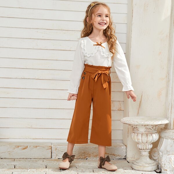 

Toddler Girls Peter Pan Collar Ruffle Trim Blouse And Paperbag Waist Belted Pants Set, Multicolor