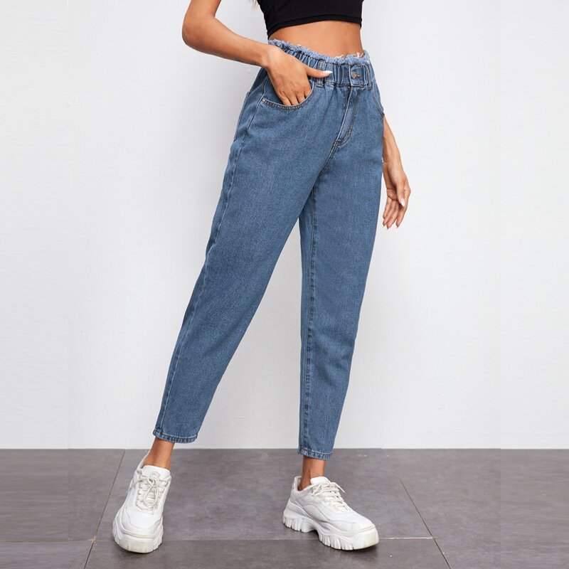 

High Waisted Raw Trim Slant Pocket Jeans, Medium wash