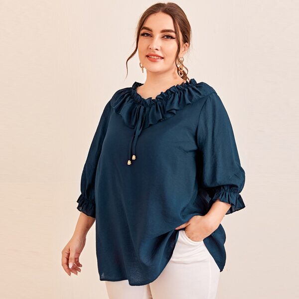 

Plus Knot Front Ruffle Trim Top, Navy blue