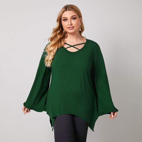 

Plus Criss Cross Front Asymmetrical Hem Tee, Dark green