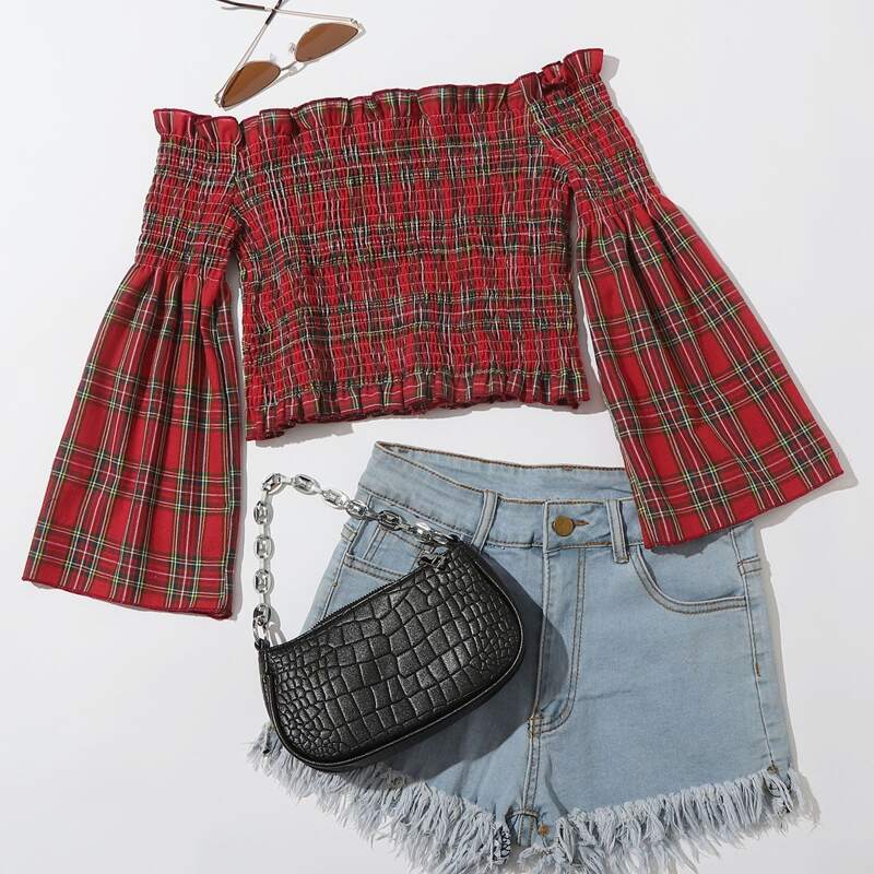 

Plaid Shirred Crop Top, Multicolor