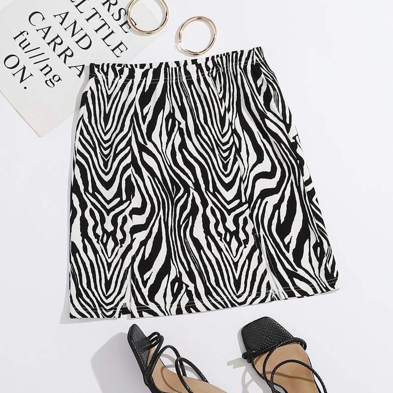 

M-Slit Hem Zebra Striped Skirt, Black and white