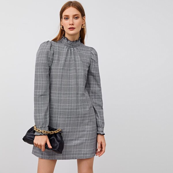 

Frill Stand Neck Puff Sleeve Plaid Dress, Grey