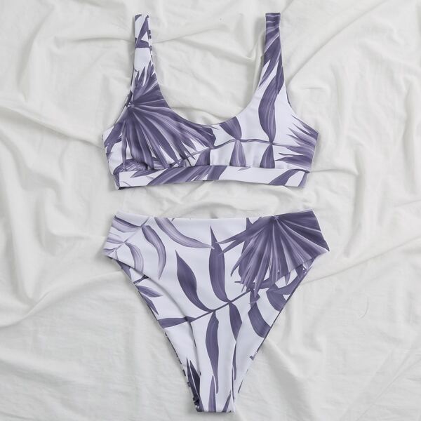 

Palm Print High Waisted Bikini Swimsuit, Grey