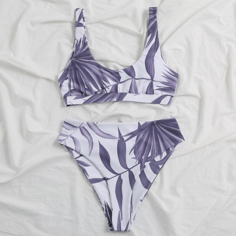 

Palm Print High Waisted Bikini Swimsuit, Grey