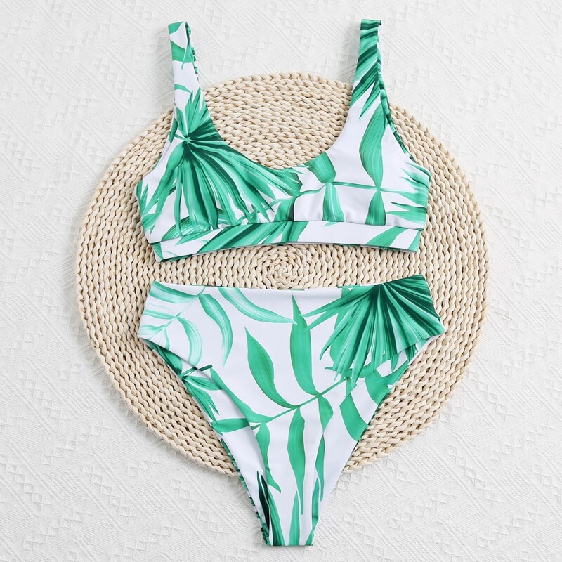 

Palm Print High Waisted Bikini Swimsuit, Green