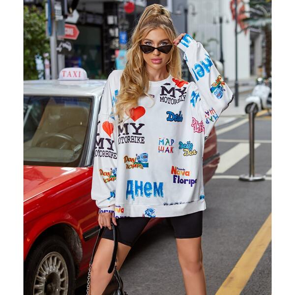 

Drop Shoulder Letter & Heart Print Sweatshirt, White
