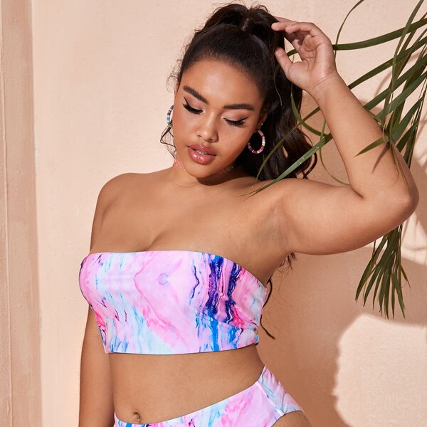 

Plus Tie Dye Bandeau Bikini Swimsuit, Multicolor