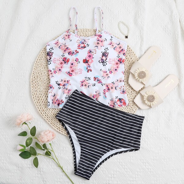 

Floral & Striped Ruffle Hem Bikini Swimsuit, Multicolor