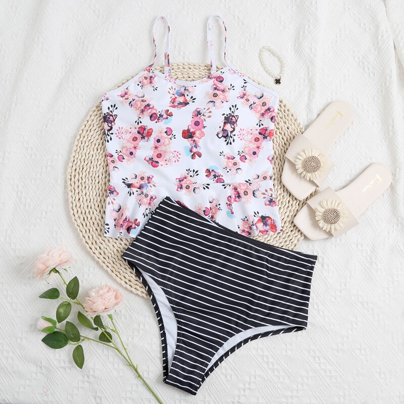 

Floral & Striped Ruffle Hem Bikini Swimsuit, Multicolor