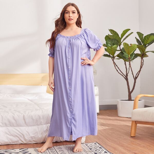 

Plus Solid Puff Sleeve Nightgown, Lilac purple