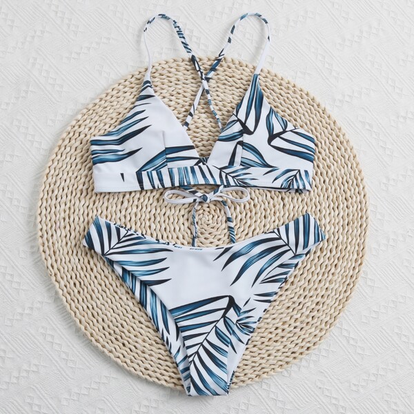 

Palm Print Tie Back Bikini Swimsuit, Blue and white