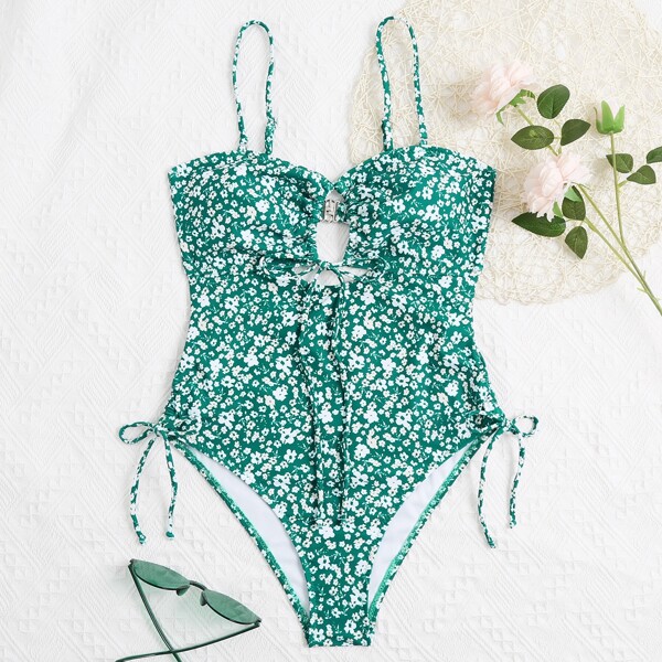 

Ditsy Floral Knot Front One Piece Swimsuit, Green