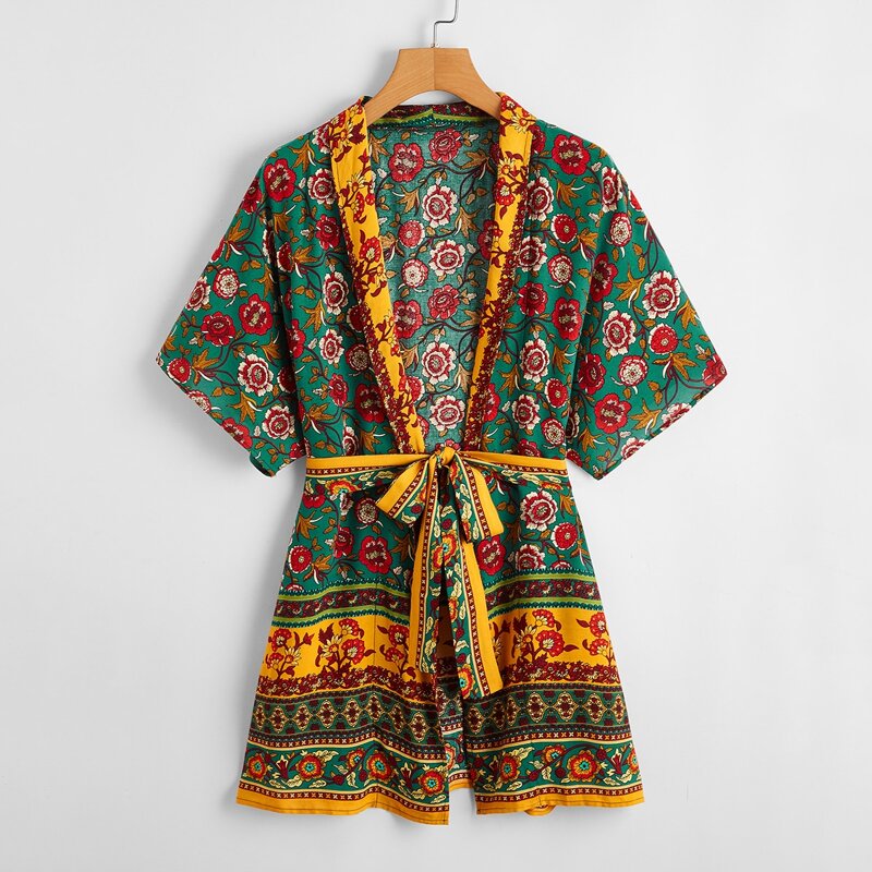 

Floral & Tribal Print Belted Kimono, Multicolor