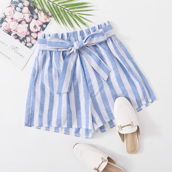 

Paper Bag Waist Belted Striped Shorts, Blue and white