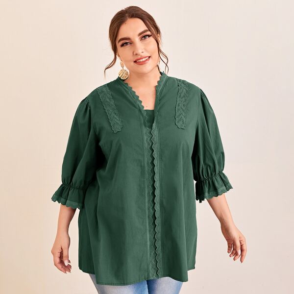 

Plus Lace Trim Flounce Sleeve V-neck Blouse, Dark green