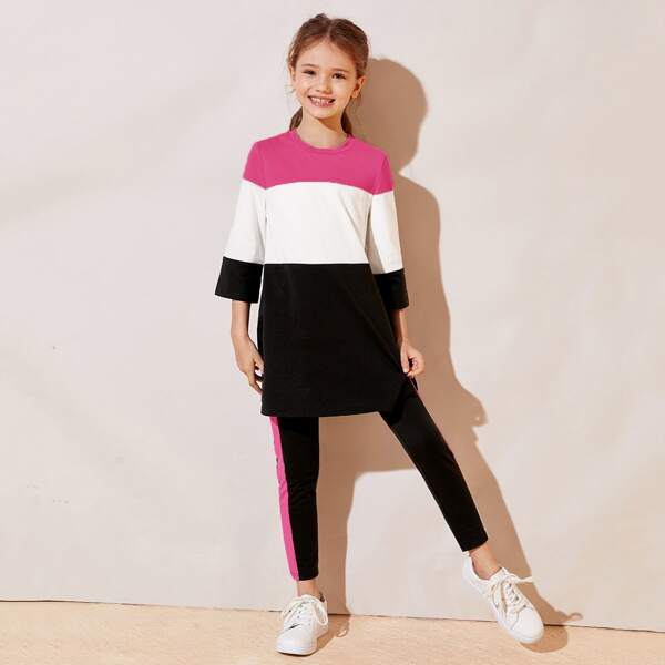 

Girls Colorblock Longline Top & Contrast Sideseam Leggings Set, Multicolor
