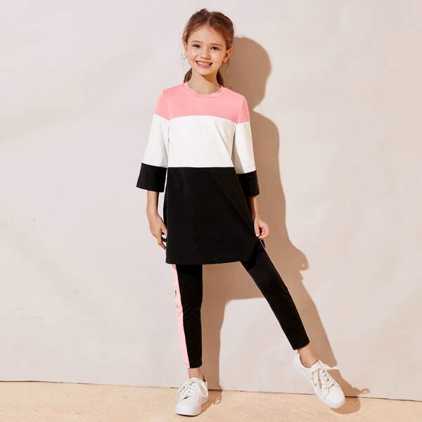 

Girls Colorblock Longline Top & Contrast Sideseam Leggings Set, Multicolor