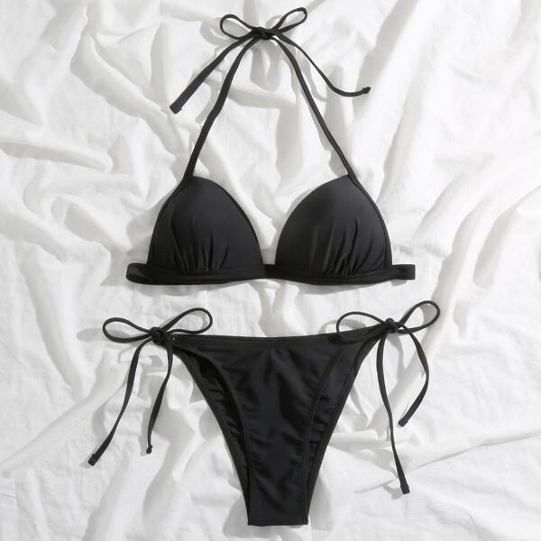 

Halter Triangle Tie Side Bikini Swimsuit, Black