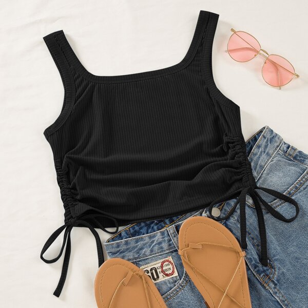 

Scoop Neck Drawstring Side Tank Top, Black
