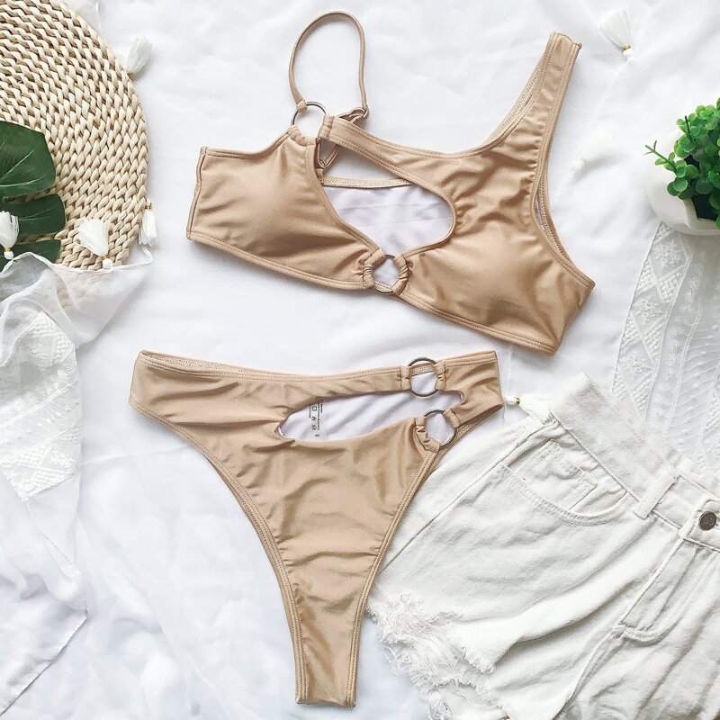 

Cut Out Ring Linked Bikini Swimsuit, Apricot