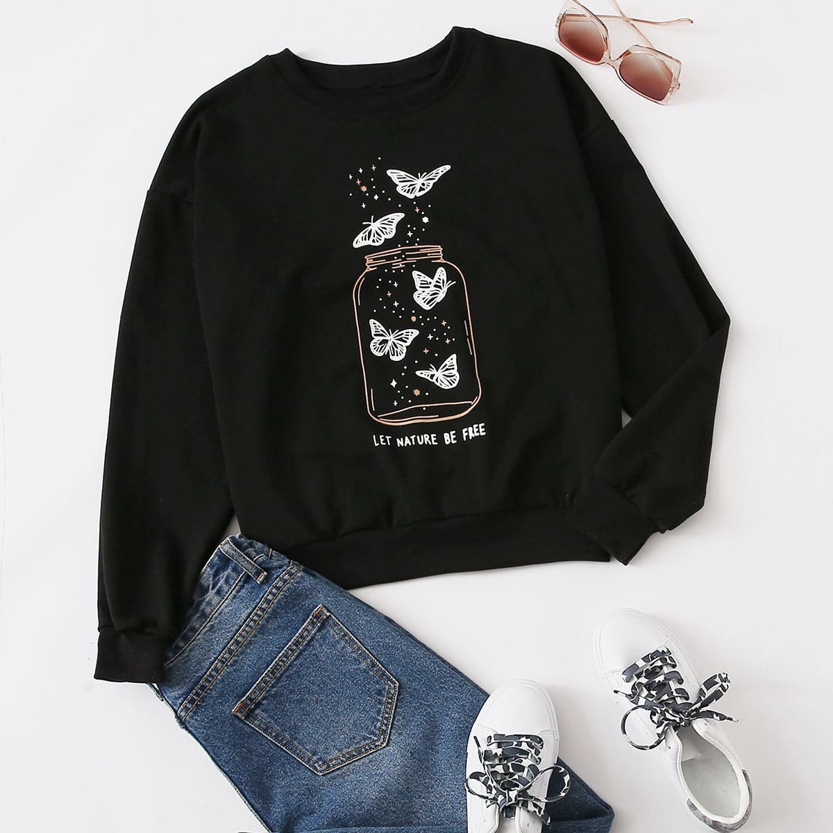 

Butterfly And Slogan Graphic Sweatshirt, Black