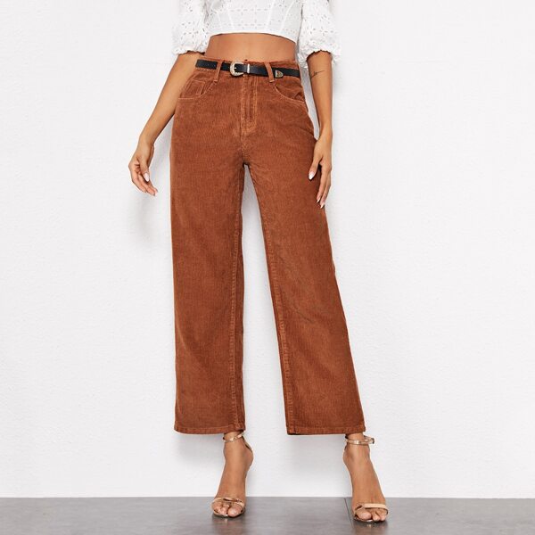 

Corduroy Straight Leg Crop Pants Without Belt, Rust brown