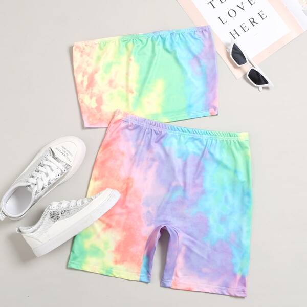 

Plus Tie Dye Bandeau With Biker Shorts, Multicolor