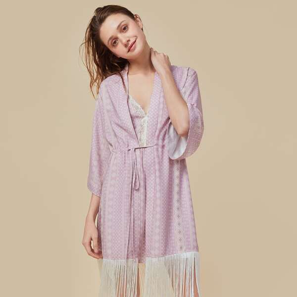 

PJM Fringe Hem Tribal Print Night Robe Without Slip Dress, Lilac purple