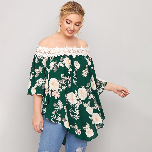 

Plus Bardot Floral Print Guipure Lace Panel Blouse, Dark green