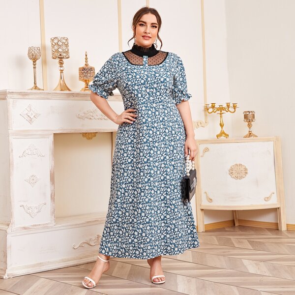 

Plus Ditsy Floral Frill Neck Dress, Multicolor