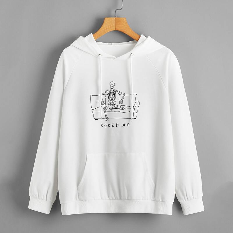 

Skeleton And Letter Graphic Kangaroo Pocket Drawstring Hoodie, White