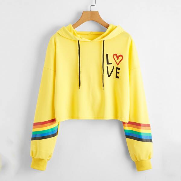 

Rainbow Stripe And Letter Graphic Drawstring Hoodie, Yellow