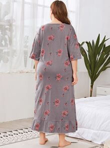 Plus Váy ngủ Pajama xếp nếp in hoa, váy dài - Màu tím hoa cà - Xem 2