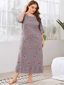 Plus Váy ngủ Pajama xếp nếp in hoa, váy dài - Màu tím hoa cà - Xem 3